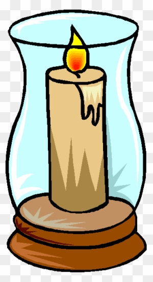 A lit beige candle with wax drips inside a clear glass hurricane lamp on a wooden base.