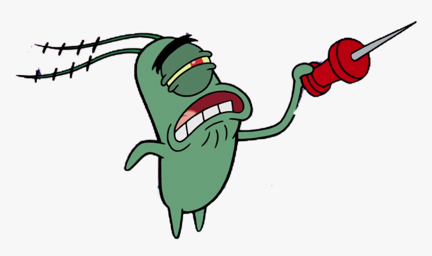 Green cartoon plankton character with stitched antennae, shouting while wielding a red syringe-like weapon.