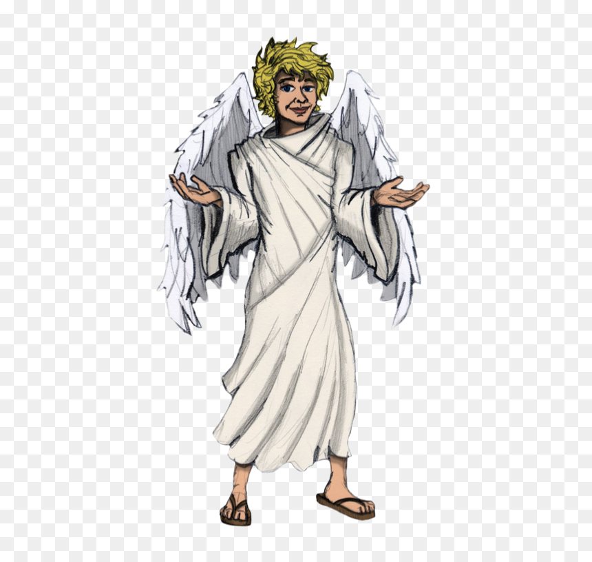 A cheerful angel with golden curly hair, white robe, and feathered wings, standing with open hands and sandals.