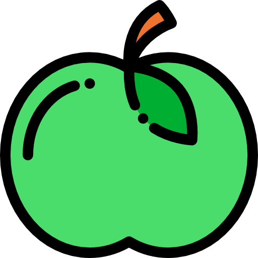 A stylized green apple with black outline, small stem, orange leaf, and minimal facial features.