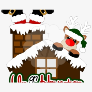 Santa’s boots peek from a snowy chimney as a reindeer in a green hat sits on the roof of a cozy cabin.