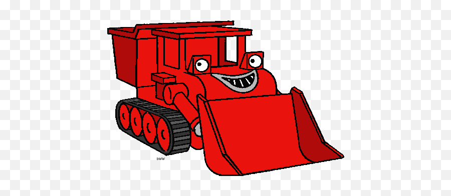 Red cartoon bulldozer with smiling face, large eyes, and front loader on tracked wheels.