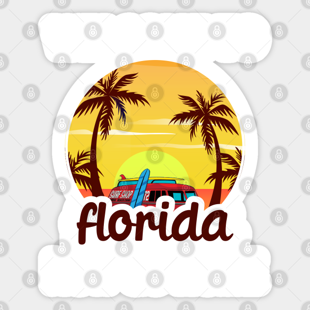 Florida Vacation Sticker Design - Tropical Sunset & Surf Culture