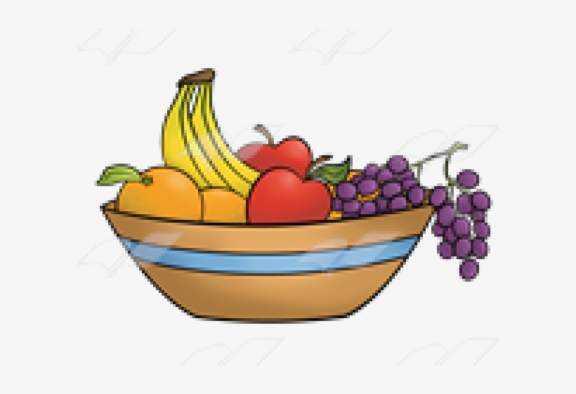 A colorful fruit bowl containing bananas, apples, oranges, and purple grapes in a striped ceramic bowl.