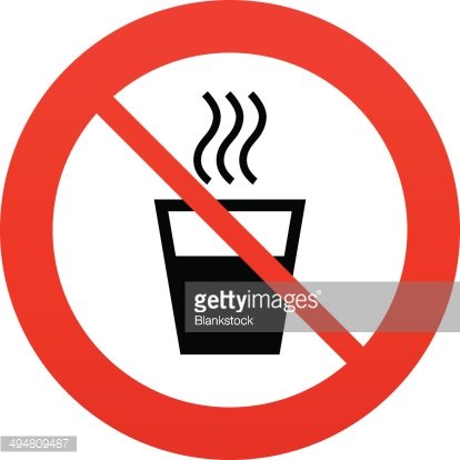 No hot drinks sign - red prohibition circle over steaming cup icon.
