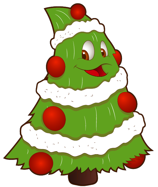 Cheerful cartoon Christmas tree with red ornaments, white garland, and a smiling face wearing a Santa hat.
