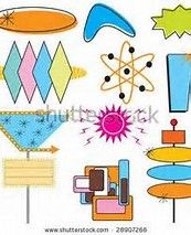 Retro 1950s-60s style abstract vector graphics including atomic symbols, starbursts, arrows, and geometric shapes in vibrant colors.