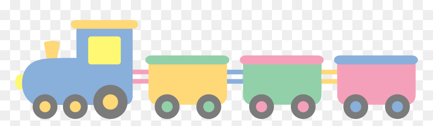 Colorful cartoon toy train with blue engine and three pastel cargo cars on transparent background.