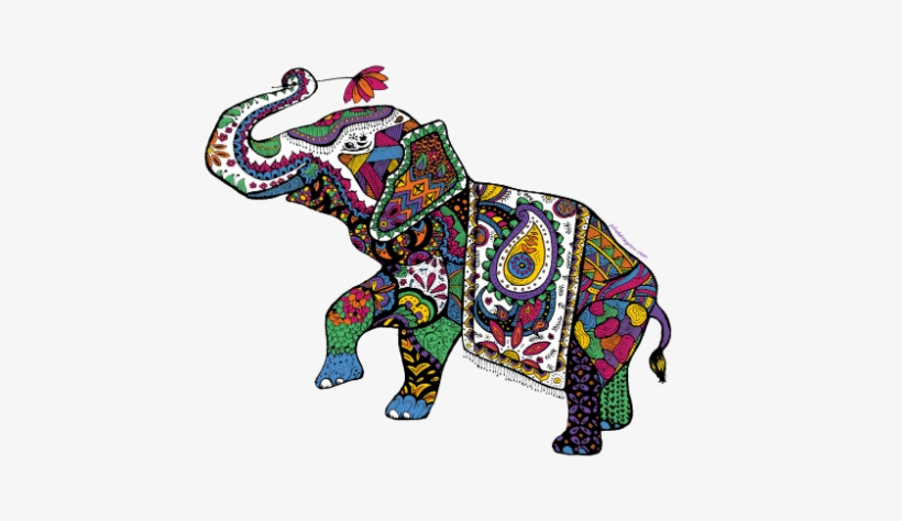 Colorfully patterned Indian elephant with floral motifs, raised trunk, and decorative cloth draped over its back.