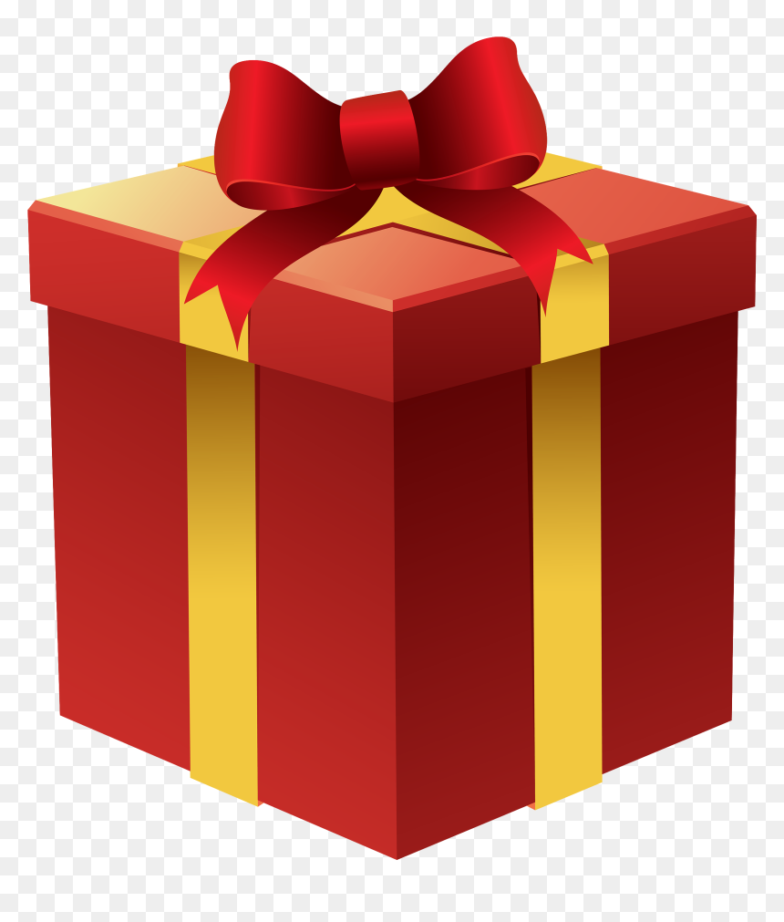 Red gift box with gold ribbon and large red bow, festive and celebratory.