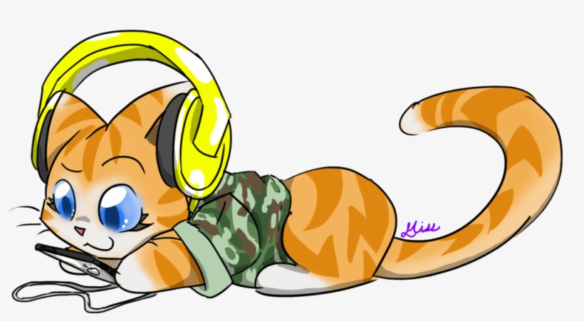 Orange tabby cat with blue eyes wearing yellow headphones, lying down in camo shirt while holding a phone.
