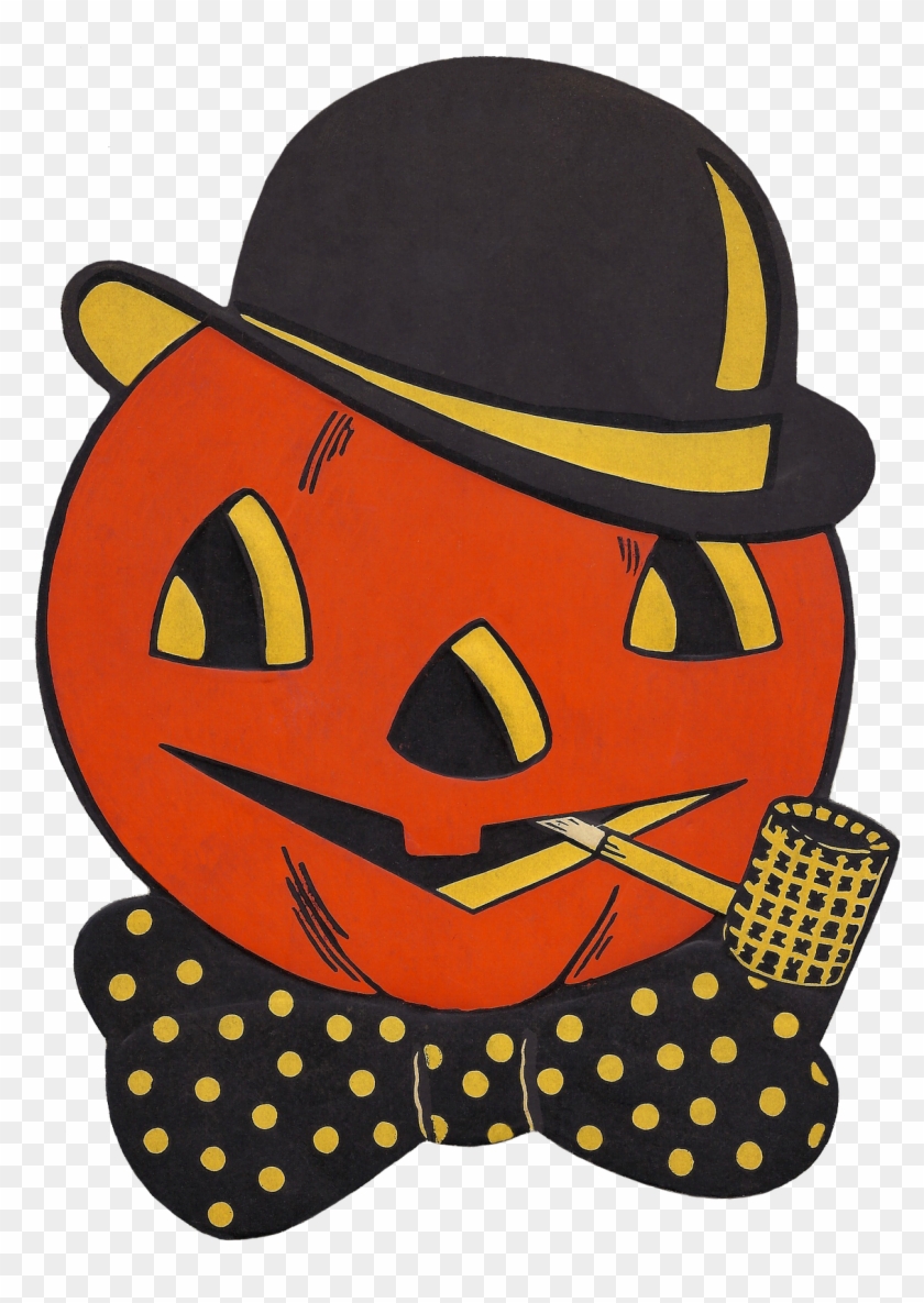 Vintage Halloween pumpkin wearing a black bowler hat, polka-dot bowtie, and smoking a pipe with yellow accents.