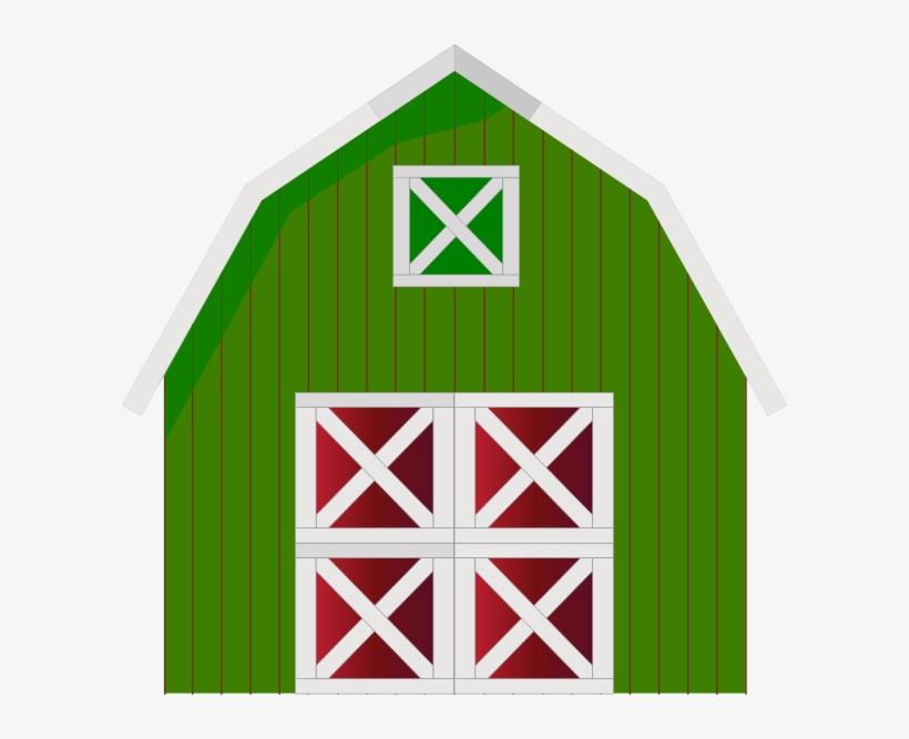 Green barn with red double doors and a small green window, classic farm-style design.