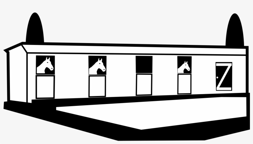 Black-and-white illustration of a stable with three horses peeking from stalls and a door marked with a 'Z'.