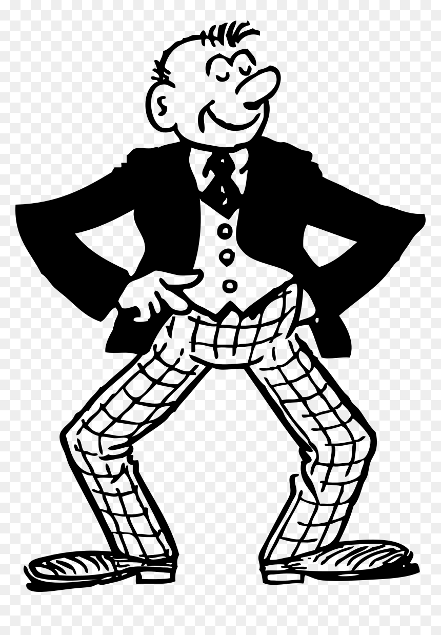 Black-and-white cartoon man in suit and checkered pants, hands on hips, smiling confidently.