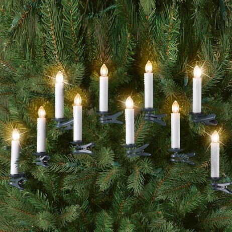 White LED candle-style Christmas lights clipped onto pine branches, glowing warmly against green foliage.