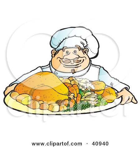 Cheerful cartoon chef presenting a large platter of roasted turkey, vegetables, and side dishes.