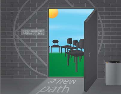 A doorway opens from a gray brick wall into a bright room with chairs, sun, and green floor; "12 Anonymous Narcotics" and "a new path" visible.