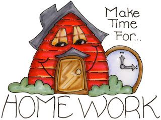 A cartoon red house with a sleepy face and a clock beside it, captioned "Make Time For... HOME WORK"