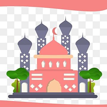 Stylized pink mosque with domes, minarets, crescent moon, and green trees on transparent background.