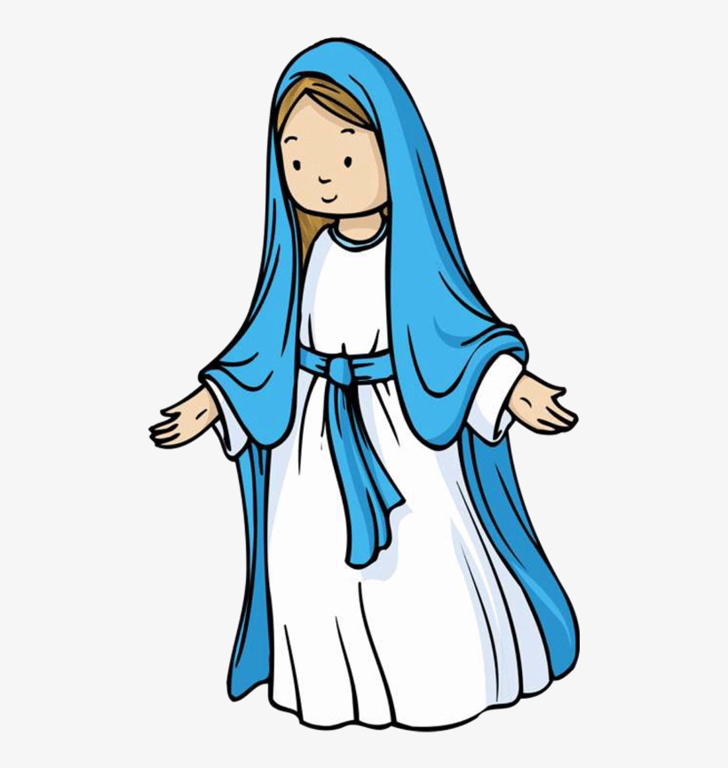 Illustration of the Virgin Mary in a white robe with a blue veil, hands open in a welcoming gesture.