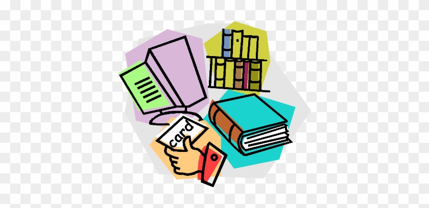 Colorful illustration of a computer, books, bookshelf, and hand holding a card labeled "card", symbolizing digital and physical learning resources.