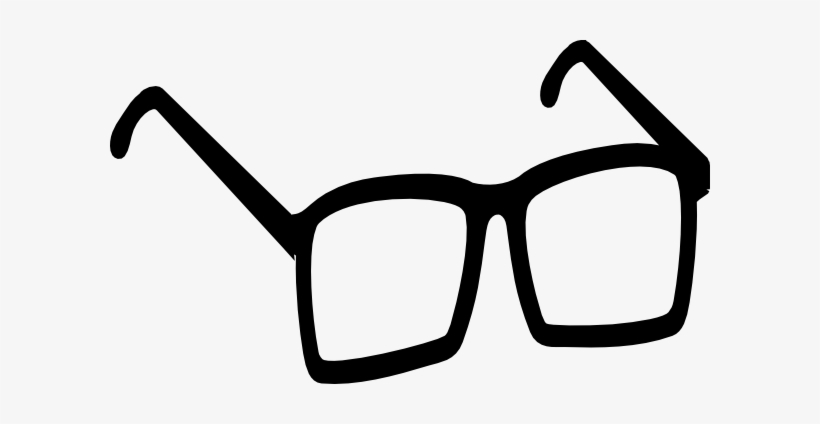 Simple black line drawing of rectangular-framed eyeglasses on white background.