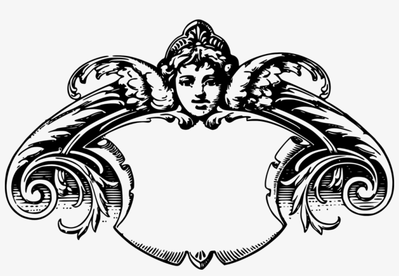 Ornate vintage frame with cherub head and swirling acanthus leaf motifs in black-and-white engraving style.