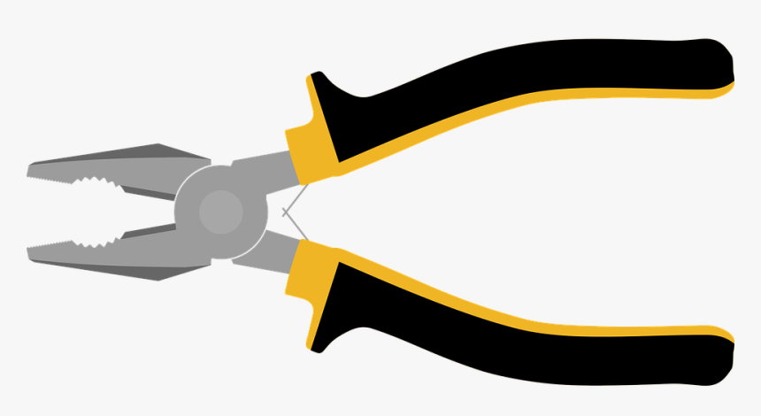 Black and yellow-handled combination pliers with serrated jaws, open against a white background.