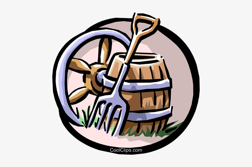 Wooden barrel with pitchfork and wagon wheel in a circular emblem, symbolizing farming or rustic crafts.