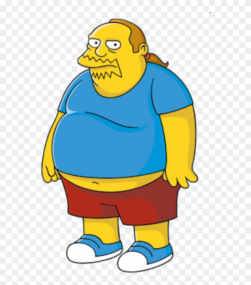 A yellow-skinned, overweight male cartoon character with a ponytail, wearing a blue shirt, red shorts, and sneakers, scowling angrily.