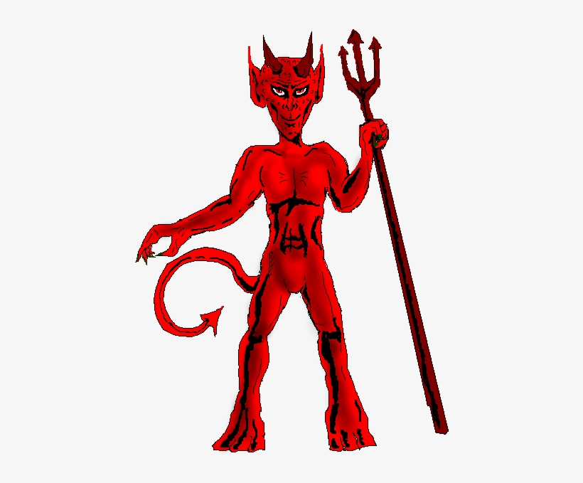Red cartoon devil with horns, tail, and trident, standing confidently against white background.
