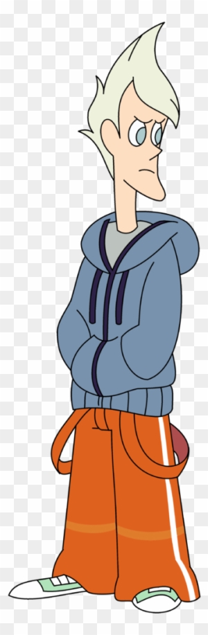 Animated character with spiky blond hair, blue hoodie, orange pants, and skeptical expression.