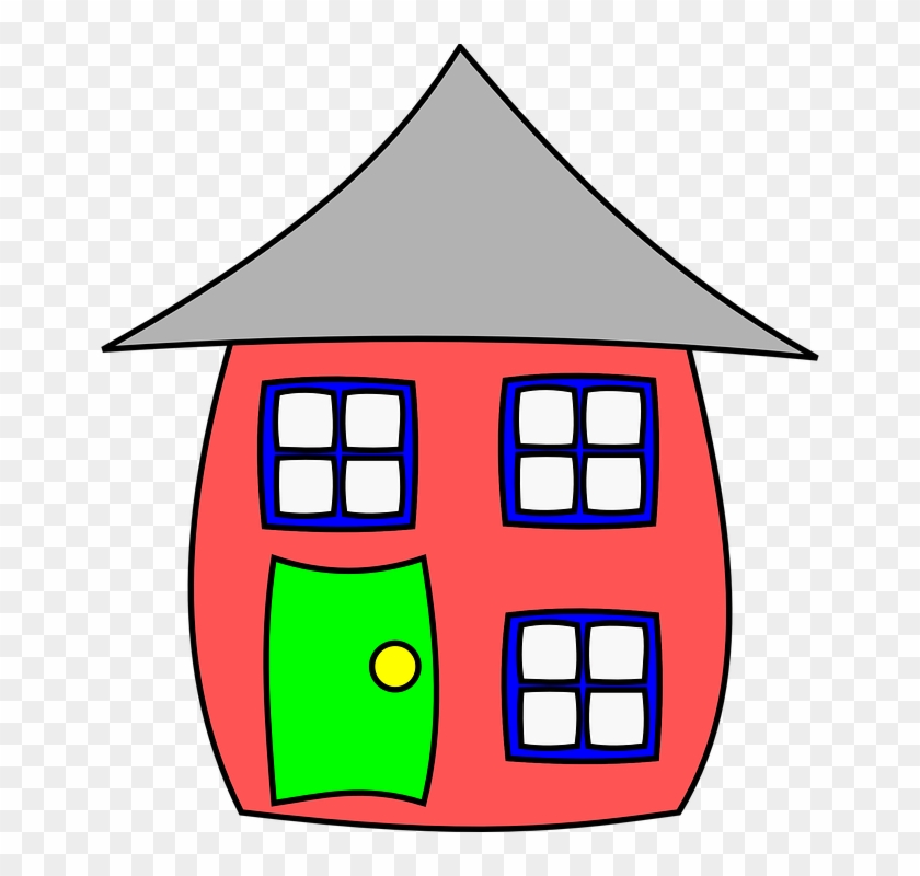 Simple cartoon-style house with red walls, gray roof, green door, and blue-framed windows on transparent background.