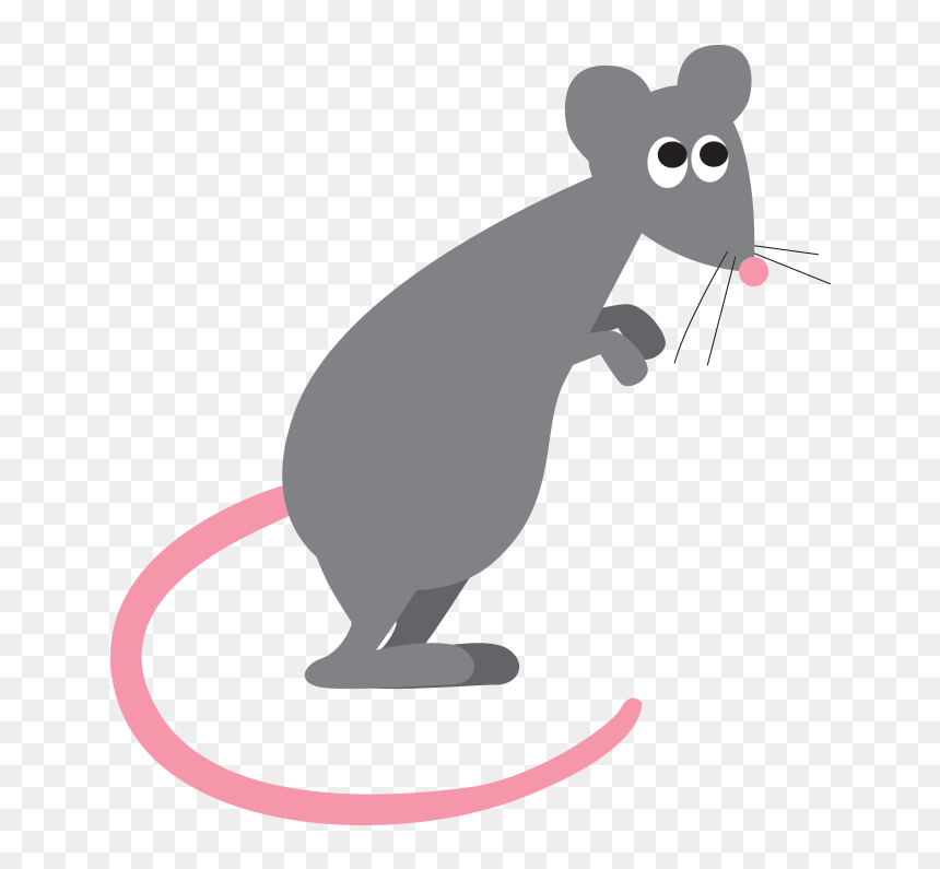 Gray cartoon mouse with pink tail and nose, standing upright on hind legs, looking alert.