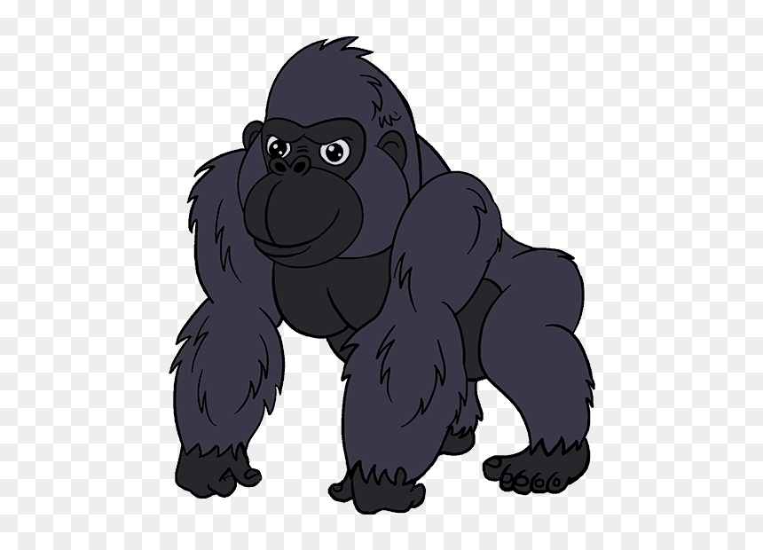 Cartoon gorilla standing on all fours with expressive eyes and dark fur, illustrated in a friendly style.