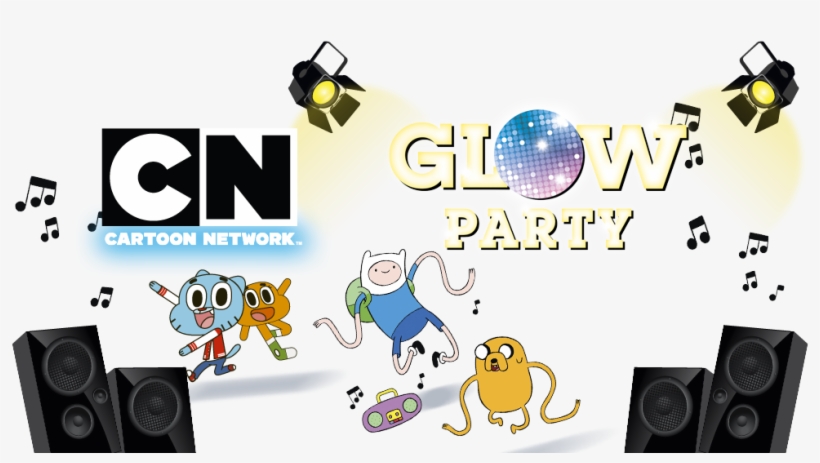 Cartoon Network Glow Party promotional graphic with characters Gumball, Darwin, Finn, and Jake dancing under disco lights and speakers.