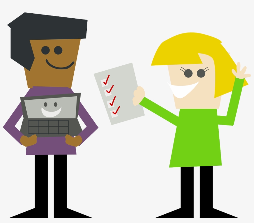 Two diverse cartoon characters-one holding a smiling laptop, the other holding a checklist with red checkmarks-celebrating successful task completion.
