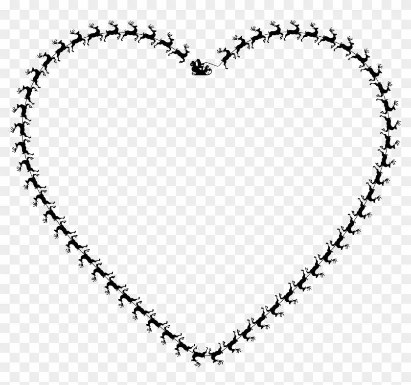 Heart-shaped outline formed by silhouettes of reindeer pulling Santa’s sleigh, black on transparent background.