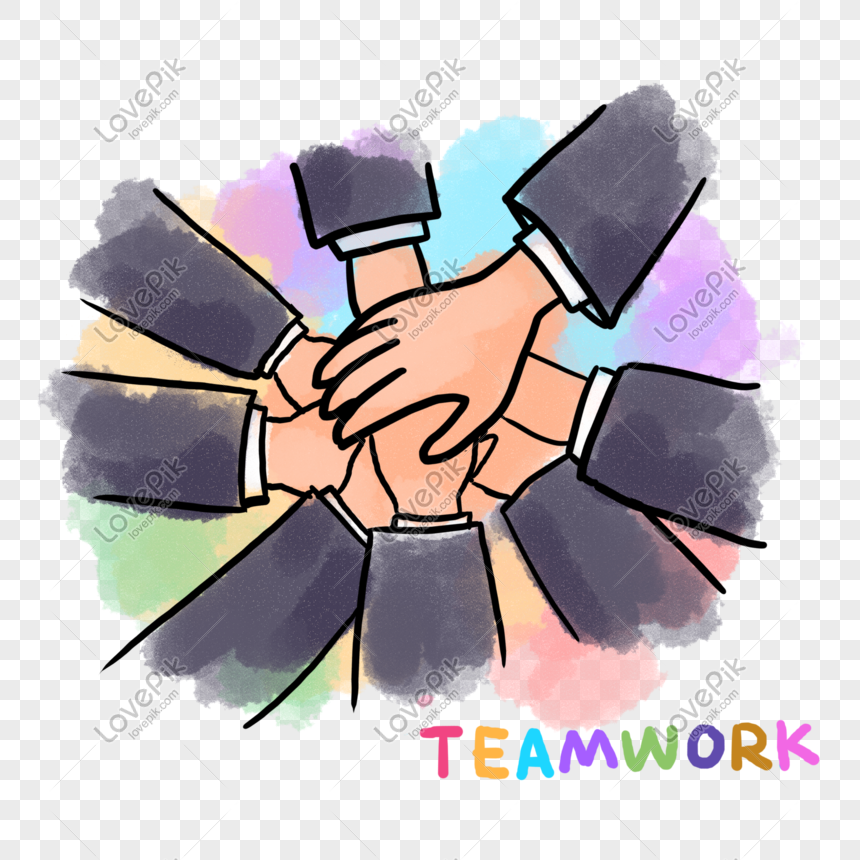 Colorful illustration of multiple hands joining in unity, symbolizing teamwork and collaboration, with the word "TEAMWORK" below.