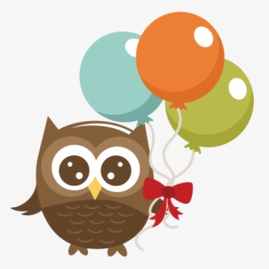 Cute cartoon owl holding colorful balloons with a red bow, festive and cheerful illustration.