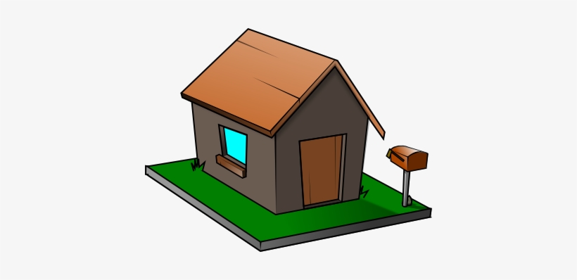 Small cartoon-style house with brown roof, green lawn, blue window, wooden door, and mailbox on a white background.