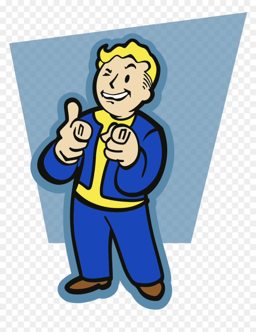 Vault Boy from Fallout, smiling and giving a thumbs-up in blue jumpsuit with yellow collar against a blue V-shaped background.