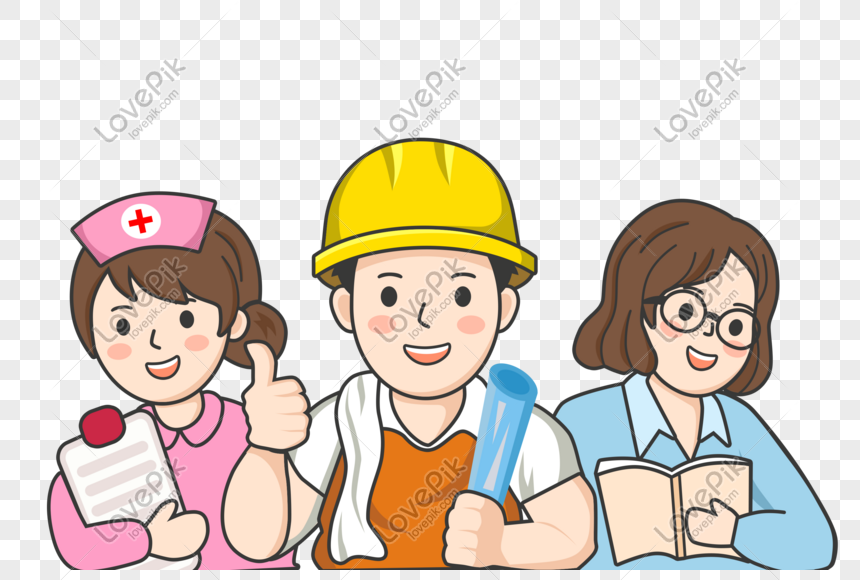Cartoon illustration of a nurse, construction worker, and teacher smiling together, representing diverse professions.