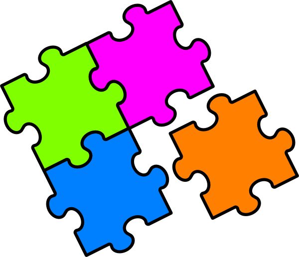 Four interlocking puzzle pieces in green, pink, blue, and orange forming a cohesive square on white background.