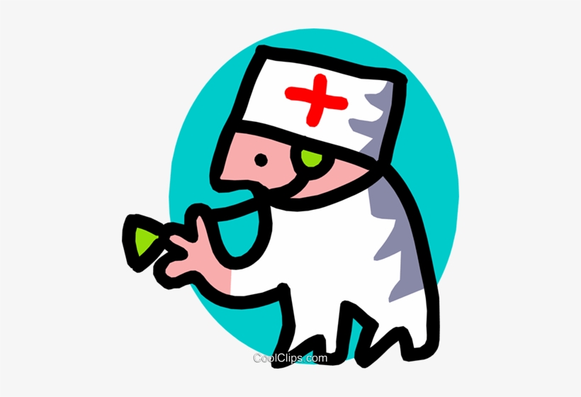 Cartoon nurse in white uniform and cap with red cross, holding a green pill or medicine.