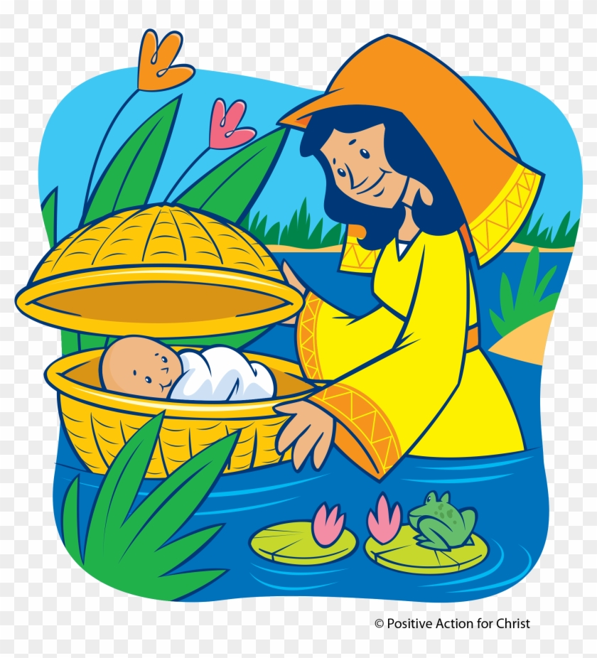 A woman in a yellow robe and orange hood gently opens a woven basket floating on water, revealing a baby inside, surrounded by lily pads and reeds.