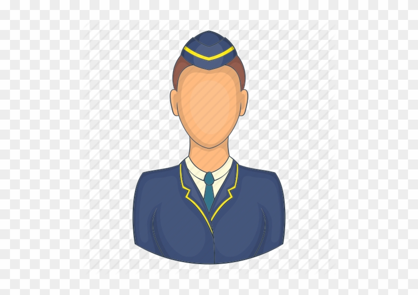 Illustration of a flight attendant in blue uniform with yellow trim and cap, face obscured for privacy.