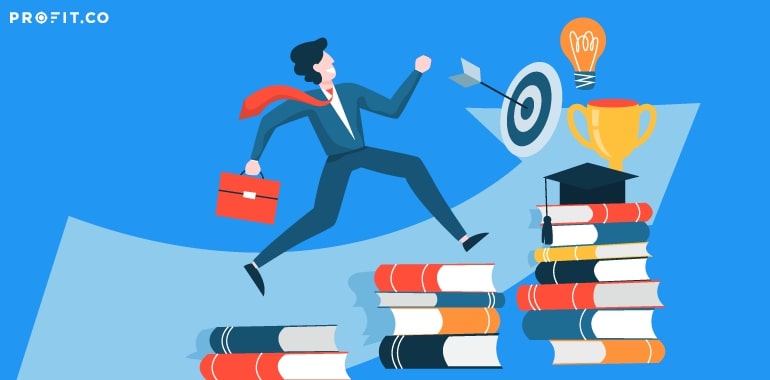 Business professional leaping over books toward a target, trophy, and lightbulb symbolizing success, learning, and innovation.