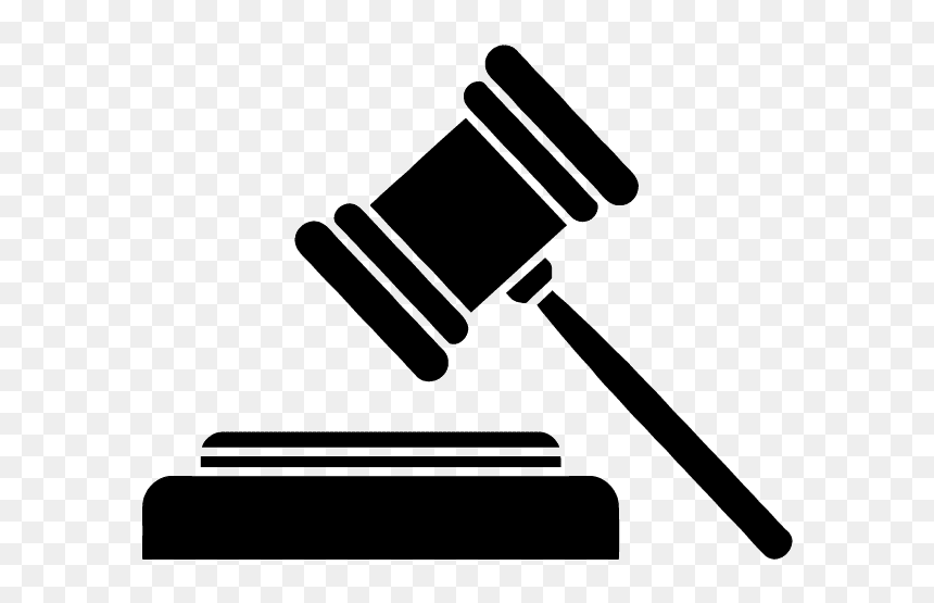 Black silhouette of a judge's gavel striking a sound block on transparent background.